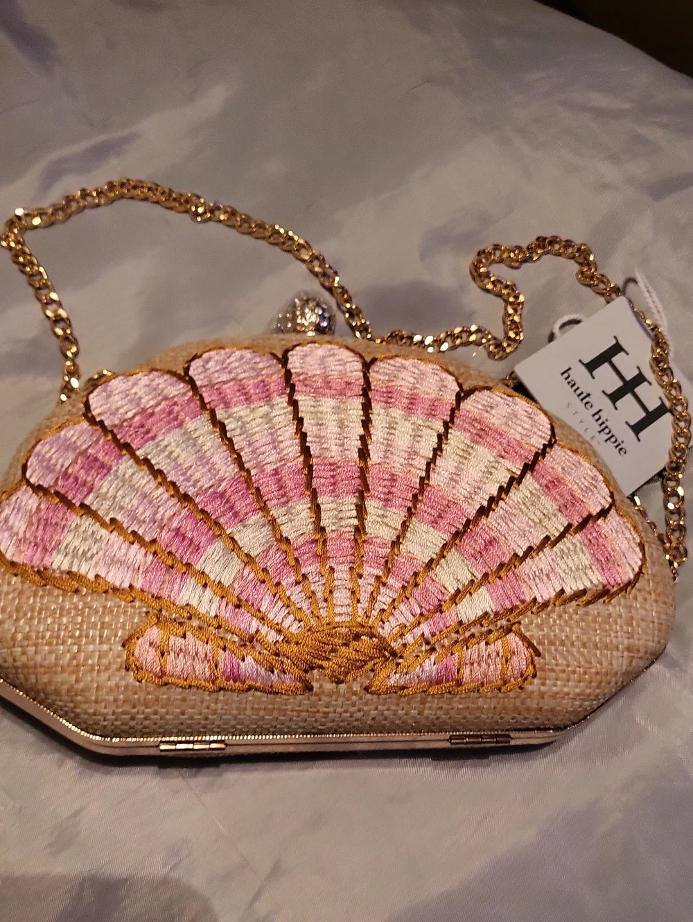 Haute Hippie Pink and Cream Shell Embroidered Chain Clutch